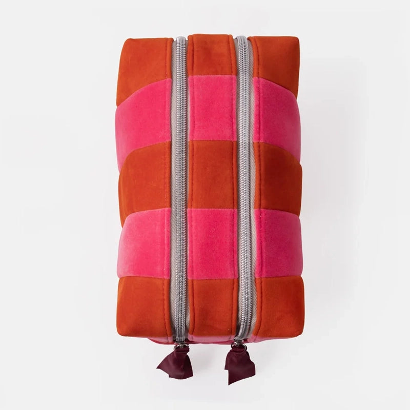 Orange & Pink Stripe Velvet Large Travel Wash Bag - 2 Compartments