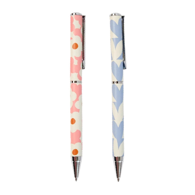 Pink Flower & Blue Hearts Ballpoint Pen Set of 2 in Gift Box