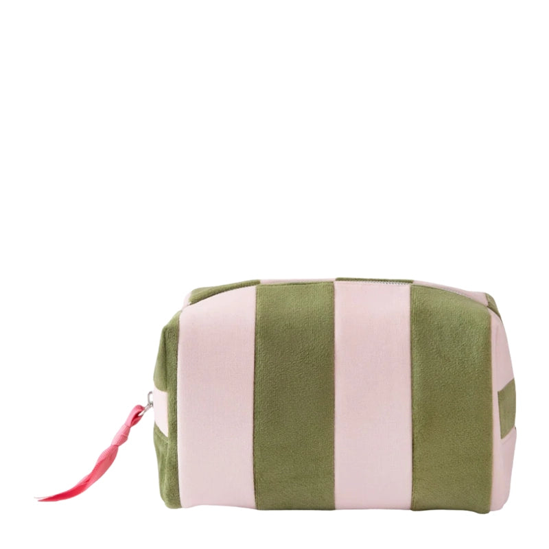 Pink & Green Stripe Velvet Cube Cosmetic Bag with Inner Pocket