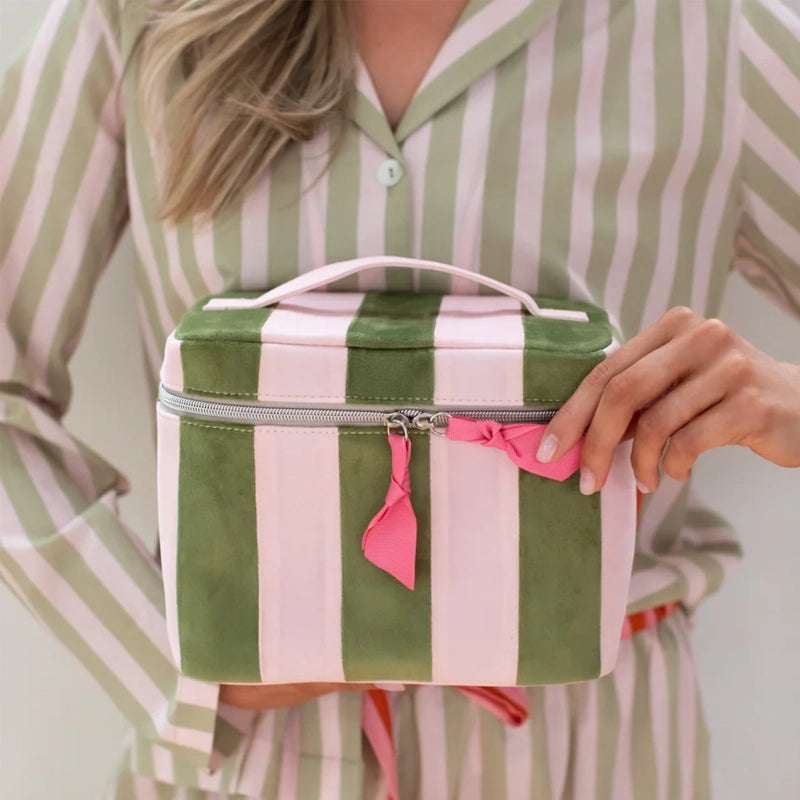 Pink & Green Stripe Velvet Vanity Case - Makeup Organiser