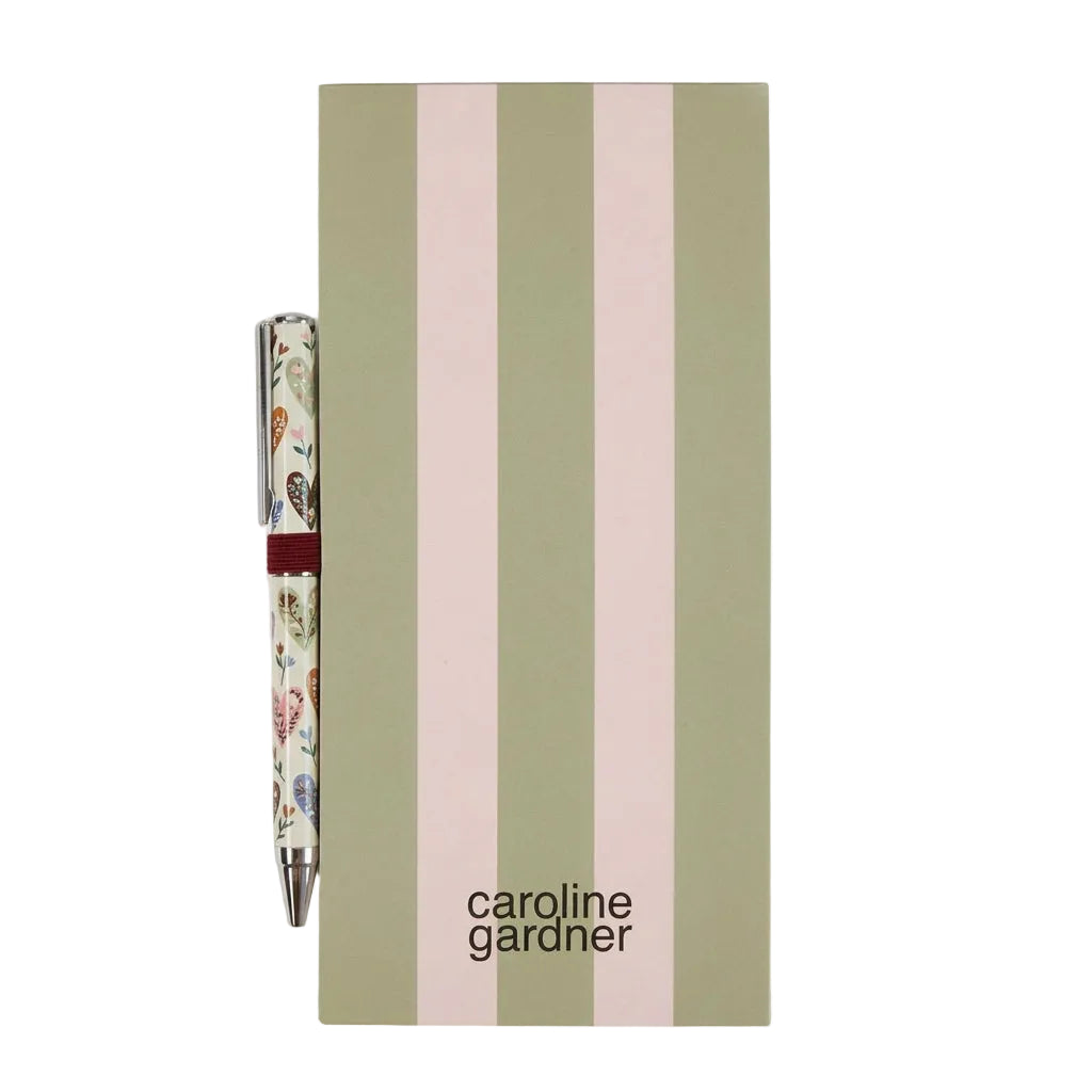 Pink & Green Striped List Pad and Heart Print Pen Set