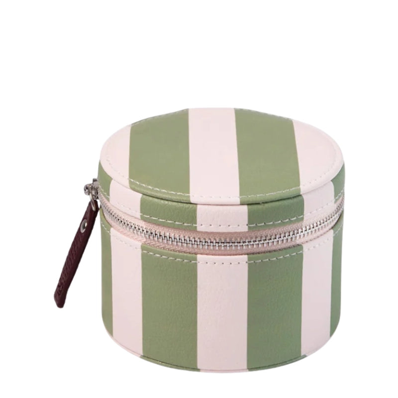 Round Travel Jewellery Box with Mirror - Pink & Green Stripe