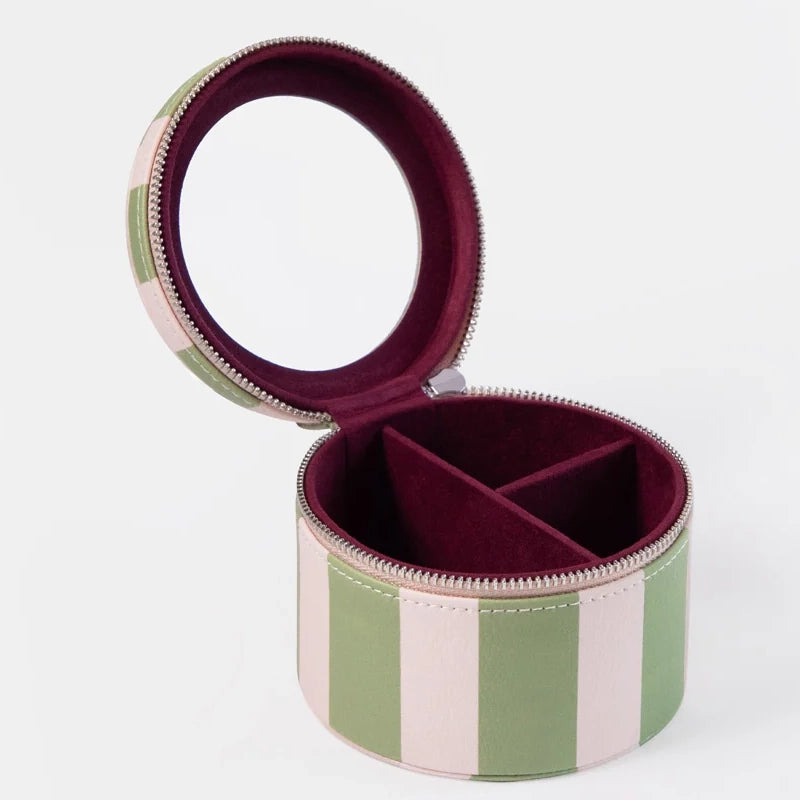 Round Travel Jewellery Box with Mirror - Pink & Green Stripe