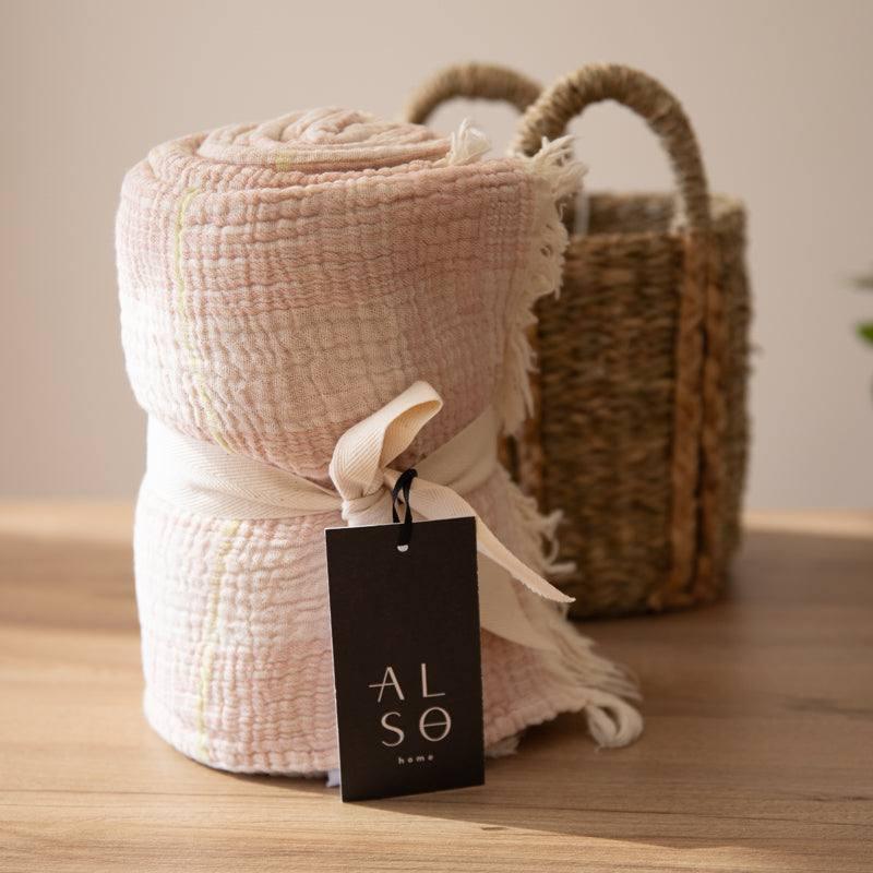 Also Home Mia Muslin Cotton Woven Reversible Throw/Wrap - Pink & Olive - Waha Lifestyle