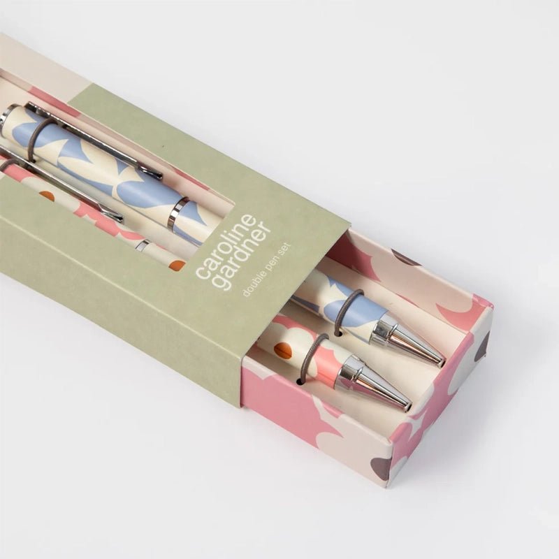 Pink Flower & Blue Hearts Ballpoint Pen Set of 2 in Gift Box