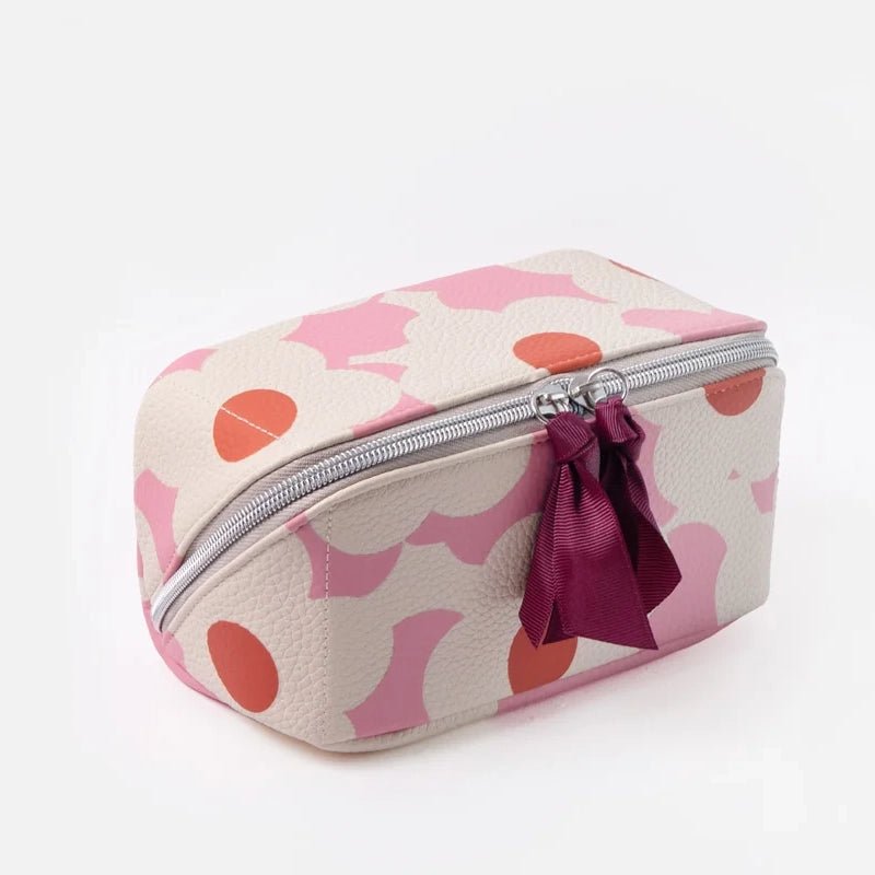 Pink Flower Flat Lay Cosmetic Bag - Travel Makeup Organiser