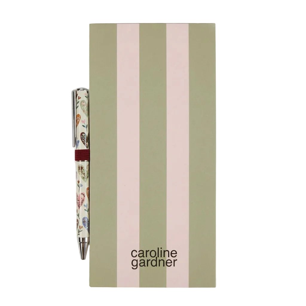 Pink & Green Striped List Pad and Heart Print Pen Set