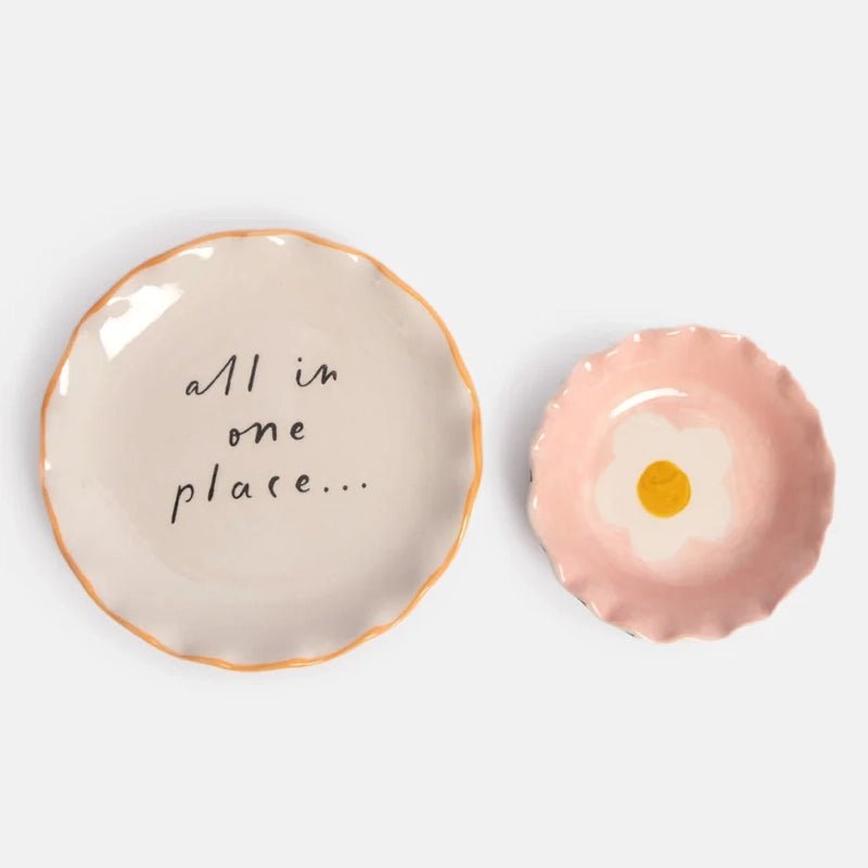 Stoneware Hand-Painted Floral Trinket Bowl & Plate Set