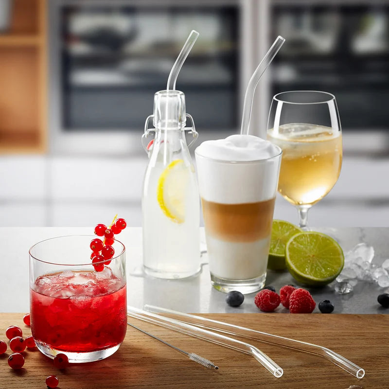 Reusable Bent Glass Drinking Straws with Cleaning Brush - 23cm, Set of 4
