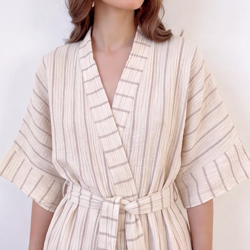 Ada Crinkle Cotton Striped Kimono with Belt - Copper