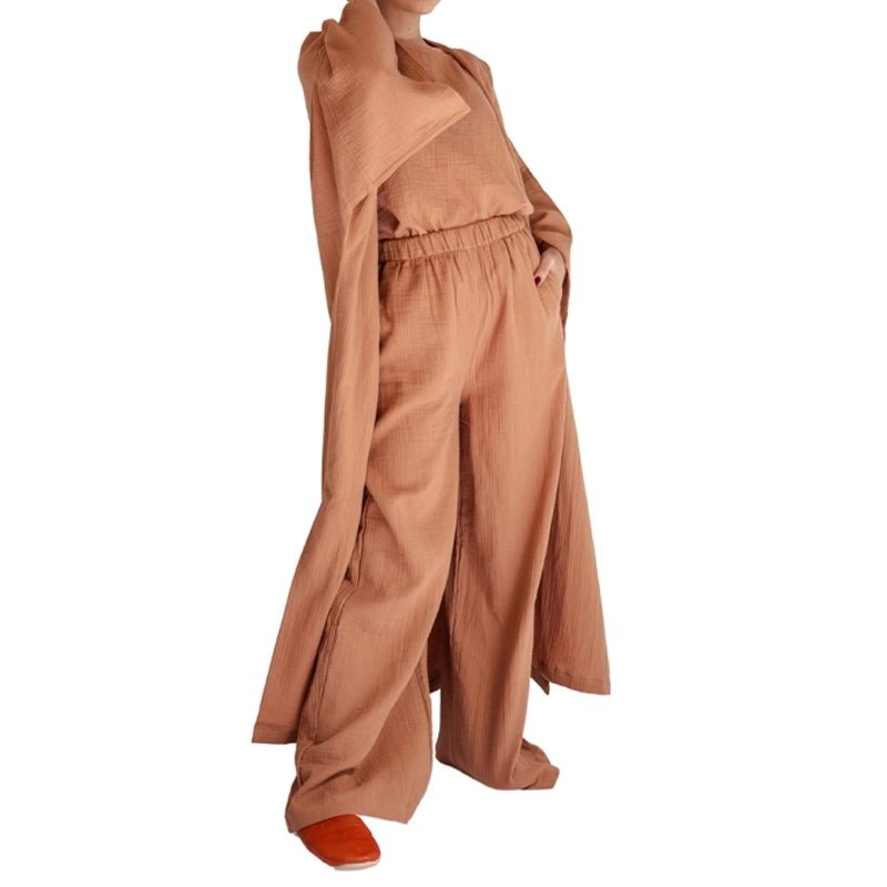 Cotton Kimono Kaftan Set - Brown
