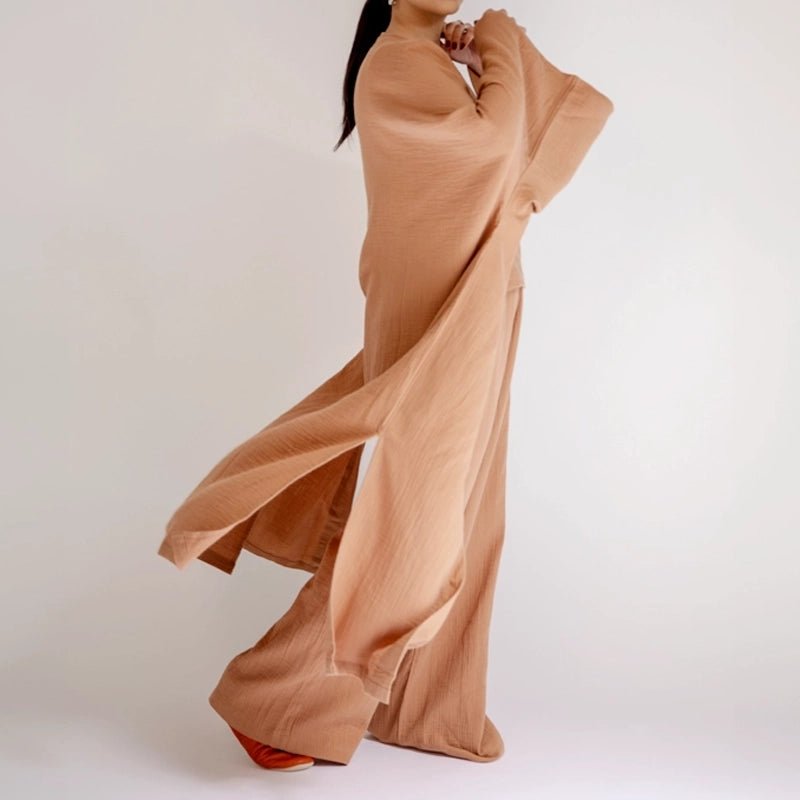 Cotton Kimono Kaftan Set - Brown