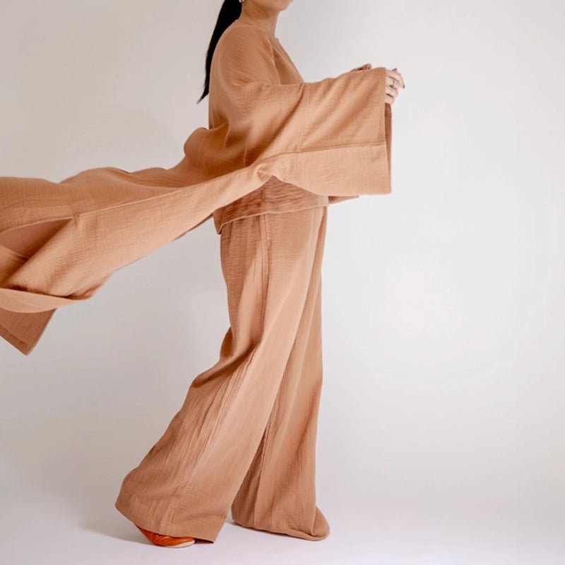 Cotton Kimono Kaftan Set - Brown