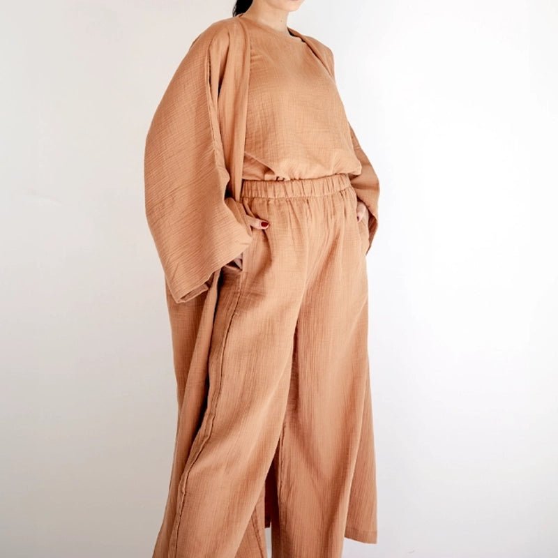 Cotton Kimono Kaftan Set - Brown