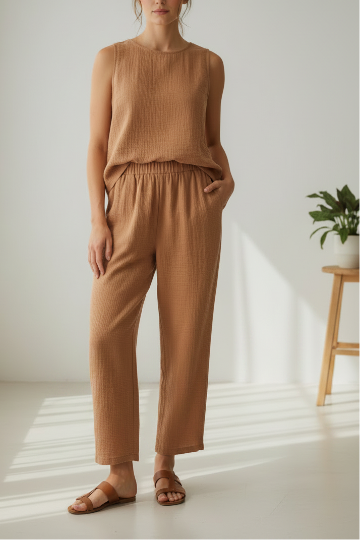 Cotton Sleeveless Top and Wide Leg Pants Set