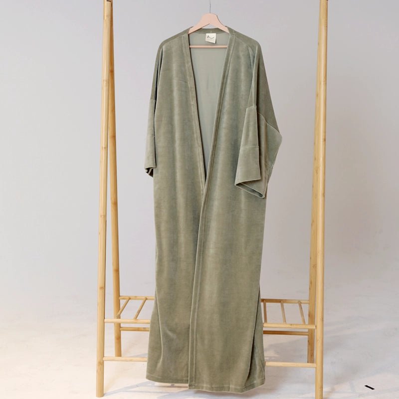 Velvet Kimono & Dress Set - Olive