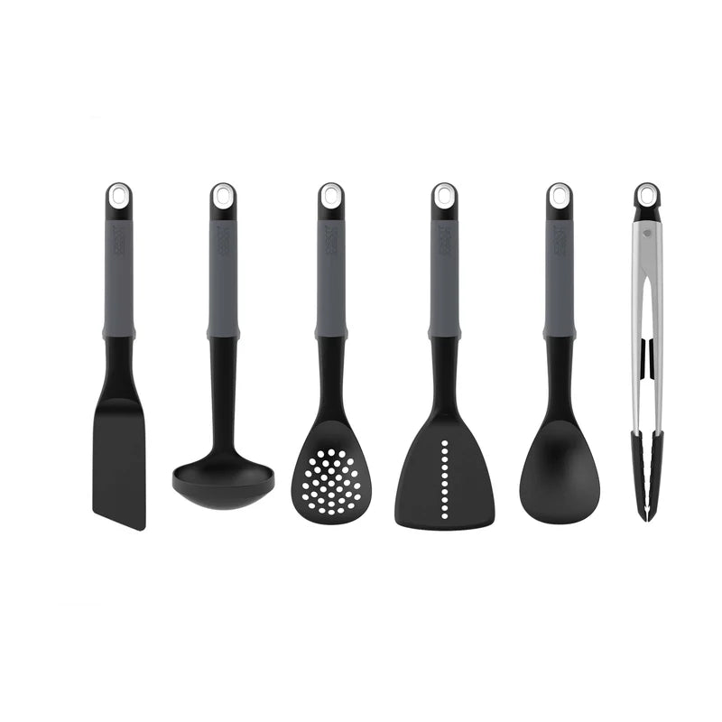 Elevate 6-Piece Kitchen Utensil Set with Tongs & Rotating Carousel Stand - Grey