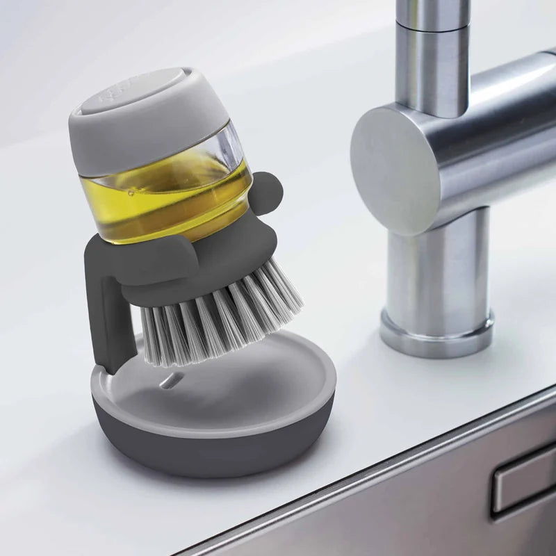 Palm Scrub Soap-Dispensing Dish Brush with Drip-Dry Stand - Grey