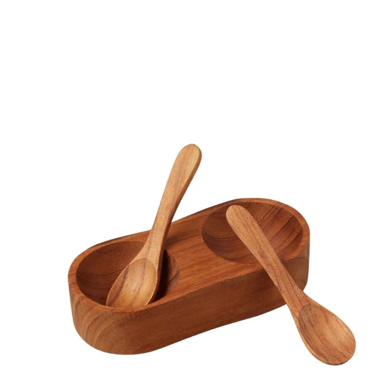 Large Teakwood Open Salt & Pepper Cellar with Spoons - Waha Lifestyle