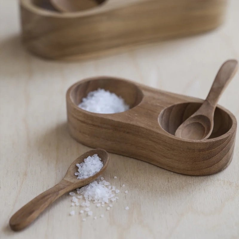 Large Teakwood Open Salt & Pepper Cellar with Spoons - Waha Lifestyle
