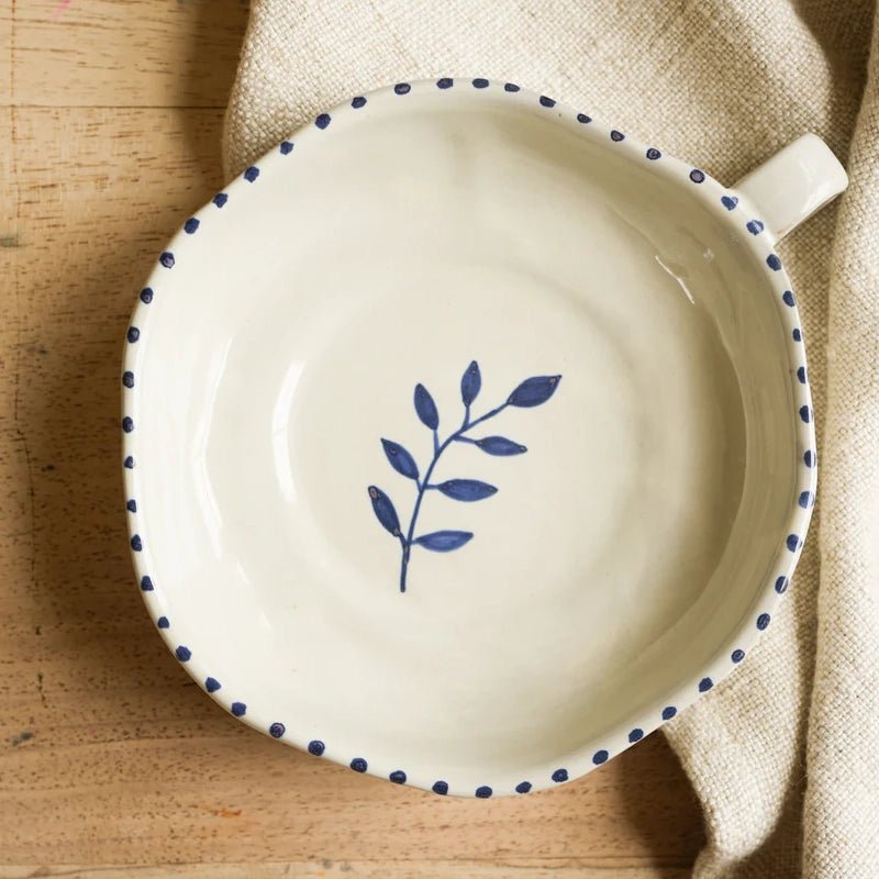 Hand-painted Ceramic Botanical Dish with Handle