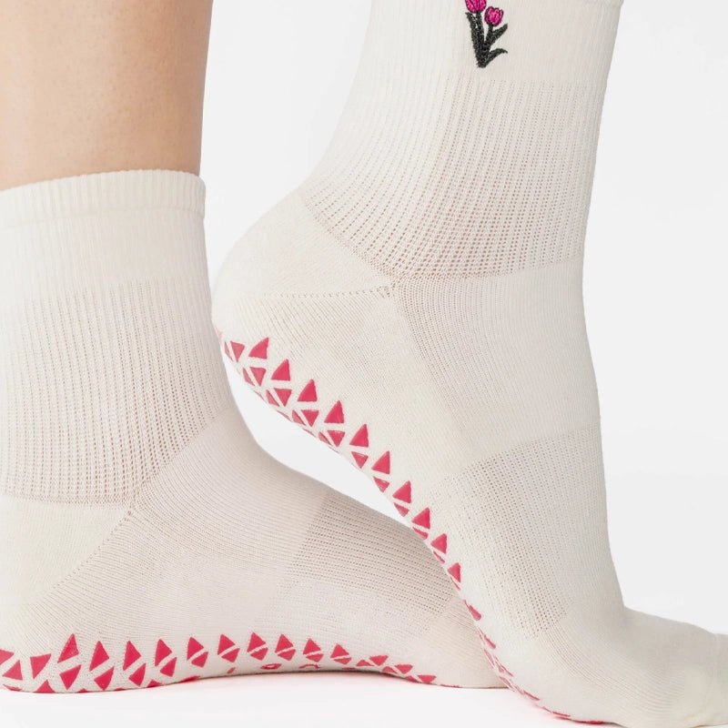 Tulips Ankle Grip Socks for Pilates & Yoga - White