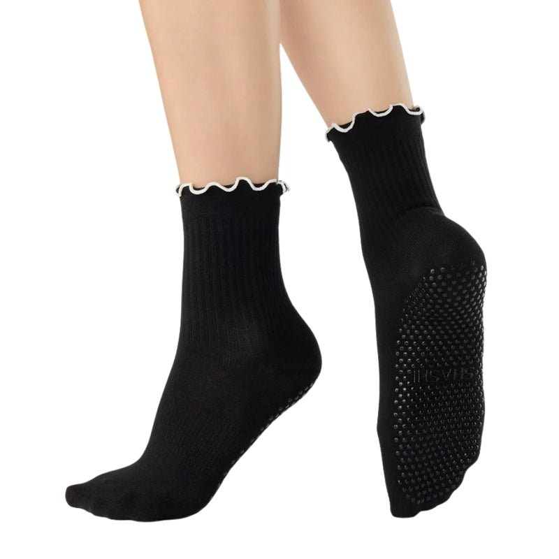 Ruffle Ankle Grip Socks for Workouts - Black