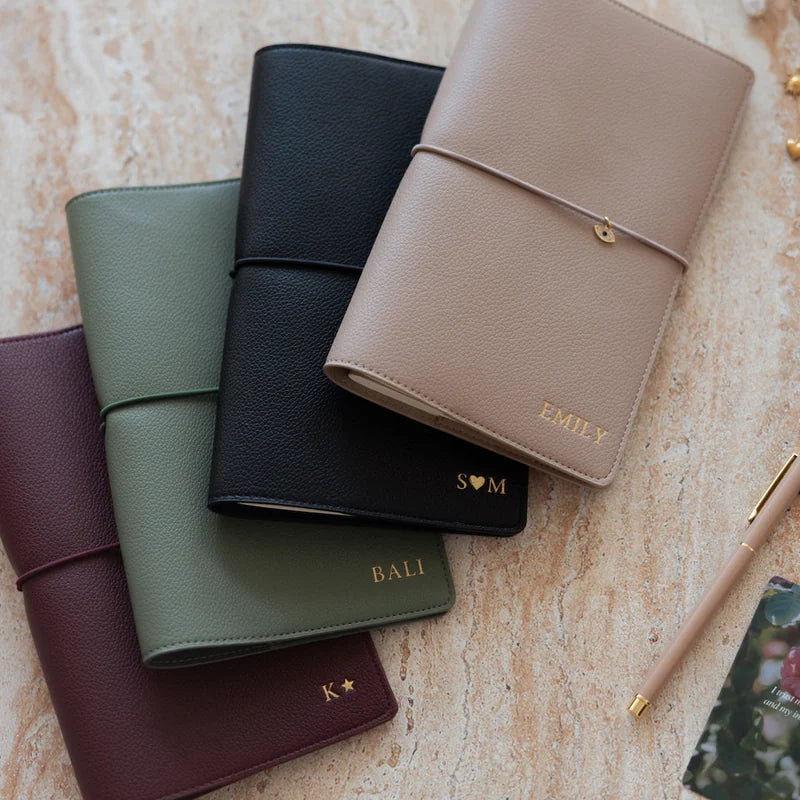 Refillable Textured Faux Leather Notebook Cover with Pockets & Elastic Closure