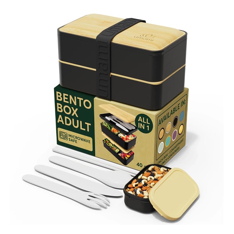 Original Adult Bento Lunch Box with Cutlery - Wood Black & Bamboo