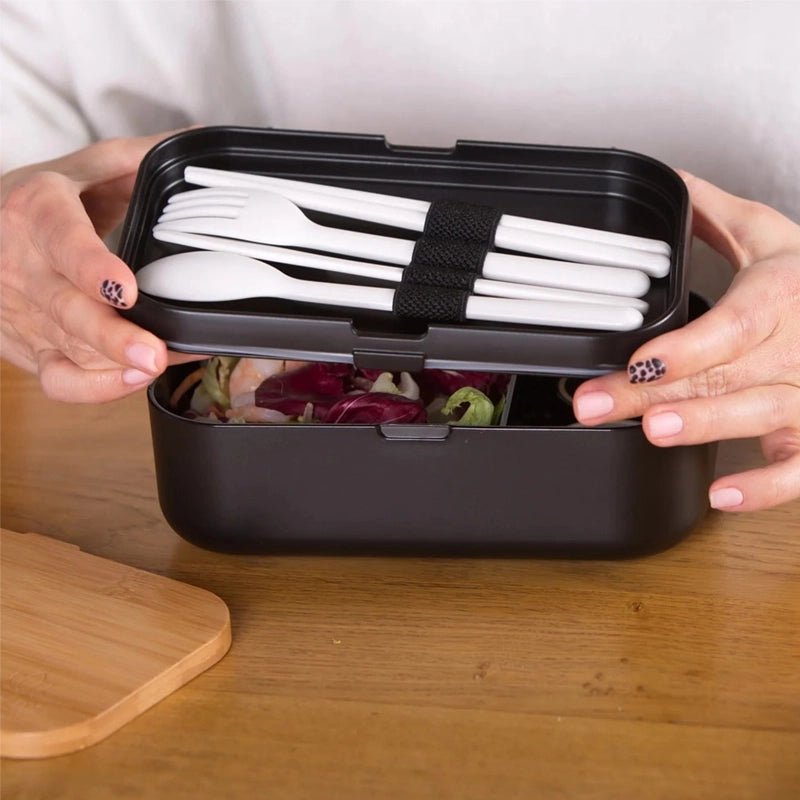 Single-layer Bento Box with Cutlery - Wood Black & Bamboo