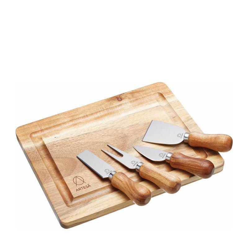 Acacia Wood Cheese Board &amp; Knife Set - 5pcs