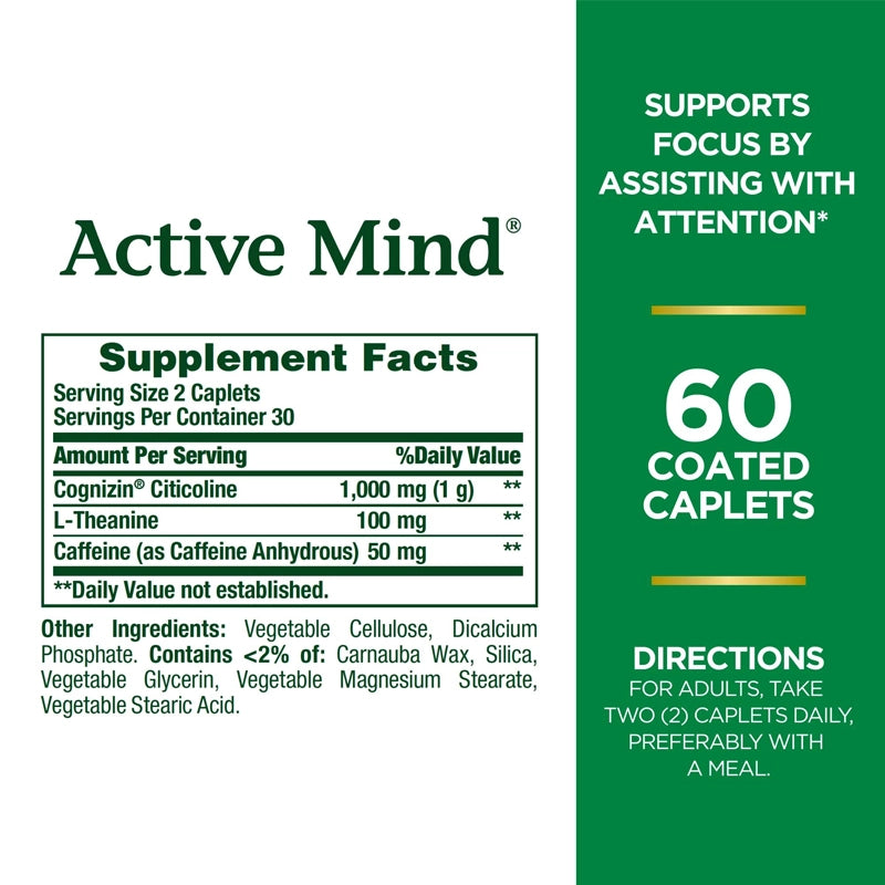 Active Mind Cognizin 1000mg, Caffeine with L-theanine Caplets - 60pcs