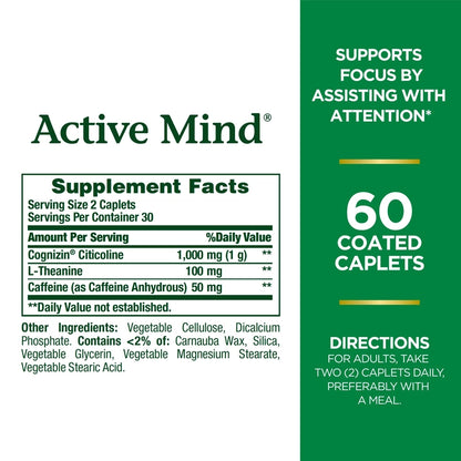 Active Mind Cognizin 1000mg, Caffeine with L-theanine Caplets - 60pcs