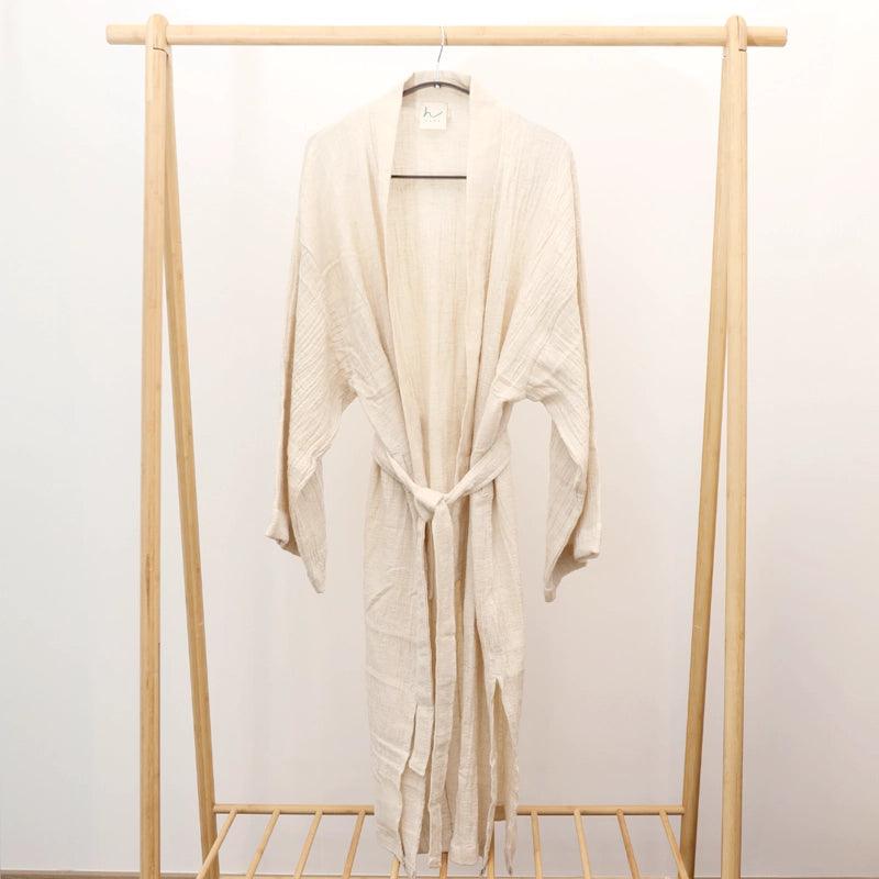 Amazon Linen &amp; Cotton Long Kimono with Belt &amp; Oversized Sleeves  - Beige