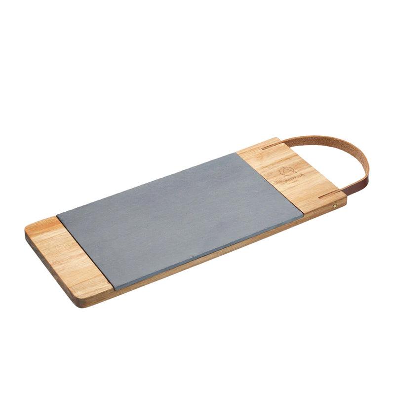 Acacia Wood &amp; Slate Serving Board With Leather Hanging Strap