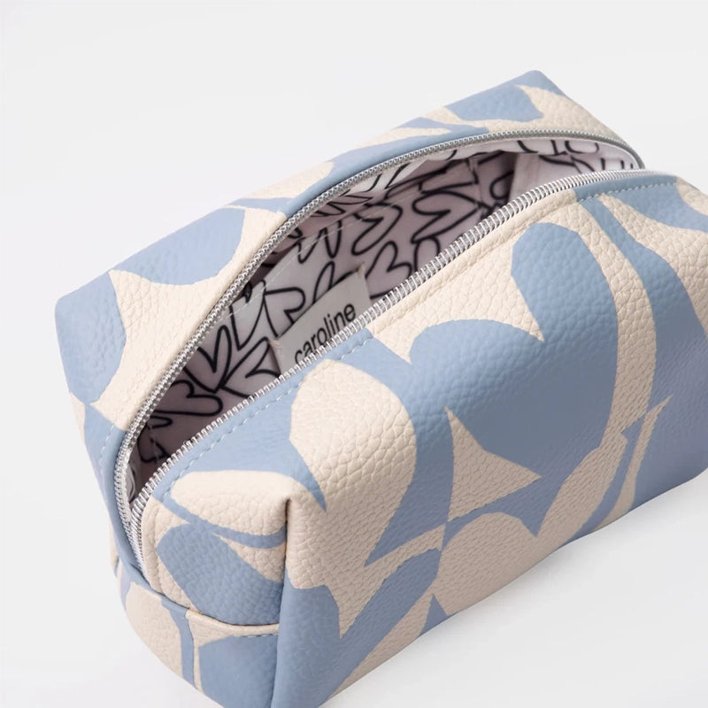 Blue Checkmate Hearts Cube Cosmetic Bag - Leather-Look Makeup Bag