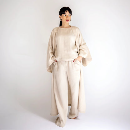 Cotton Kimono Kaftan Set - Beige