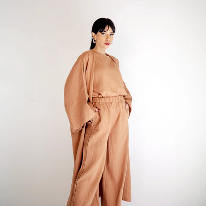 Cotton Kimono Kaftan Set - Brown