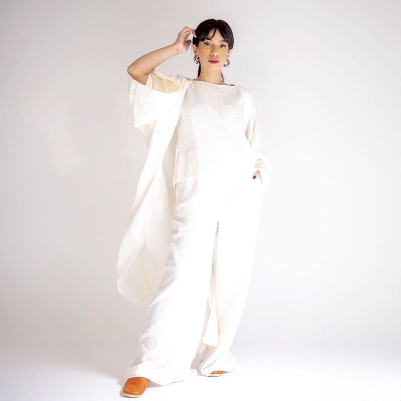 Cotton Kimono Kaftan Set - White