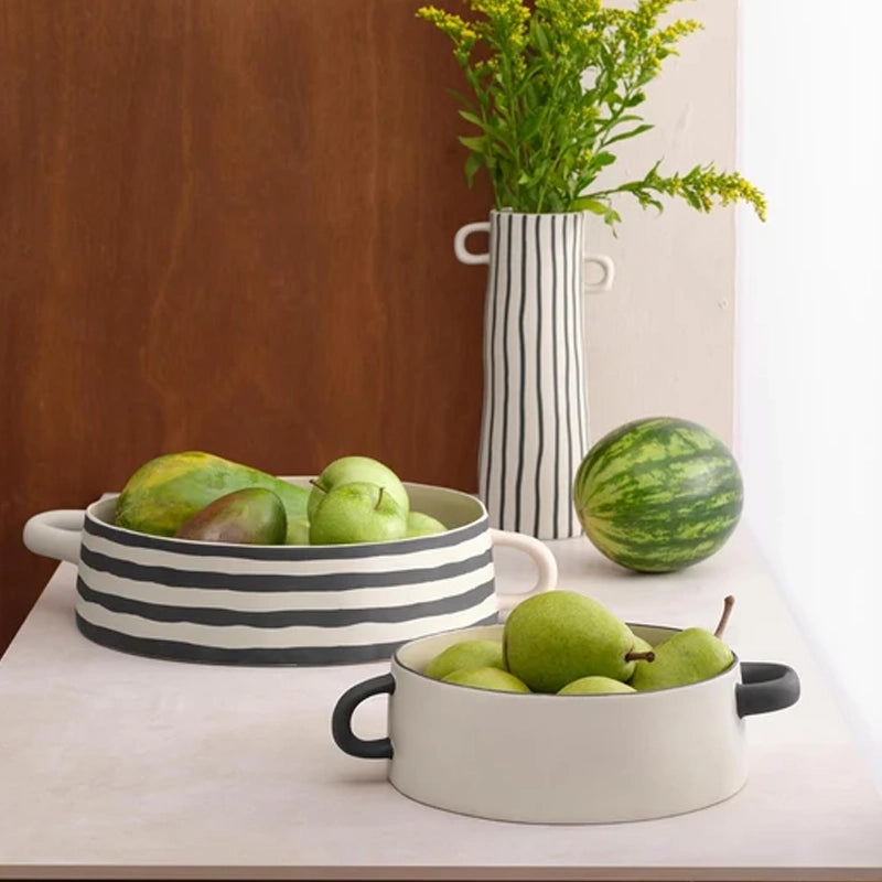 Handmade Striped Stoneware Serving Bowl – Rayu Collection