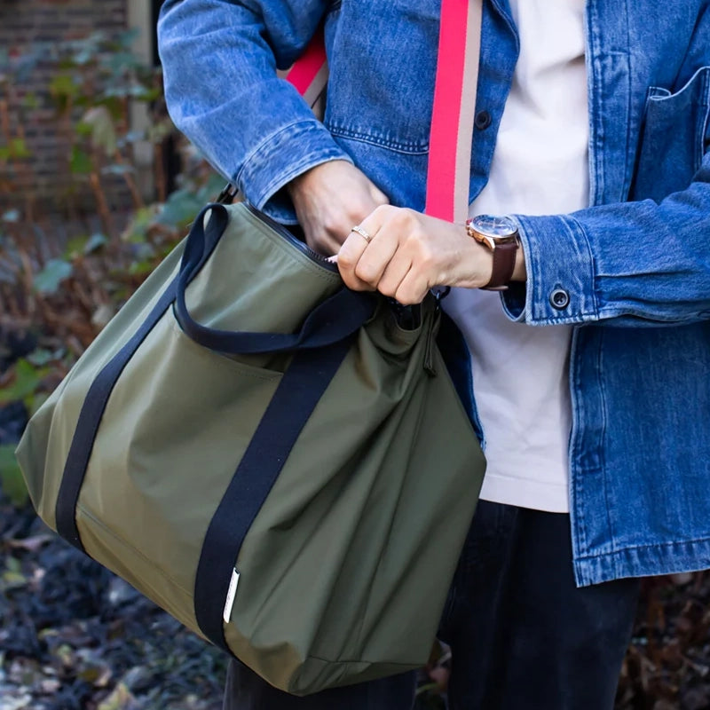 Khaki Nylon Travel Bag with Crossbody Strap &amp; Suitcase Sleeve