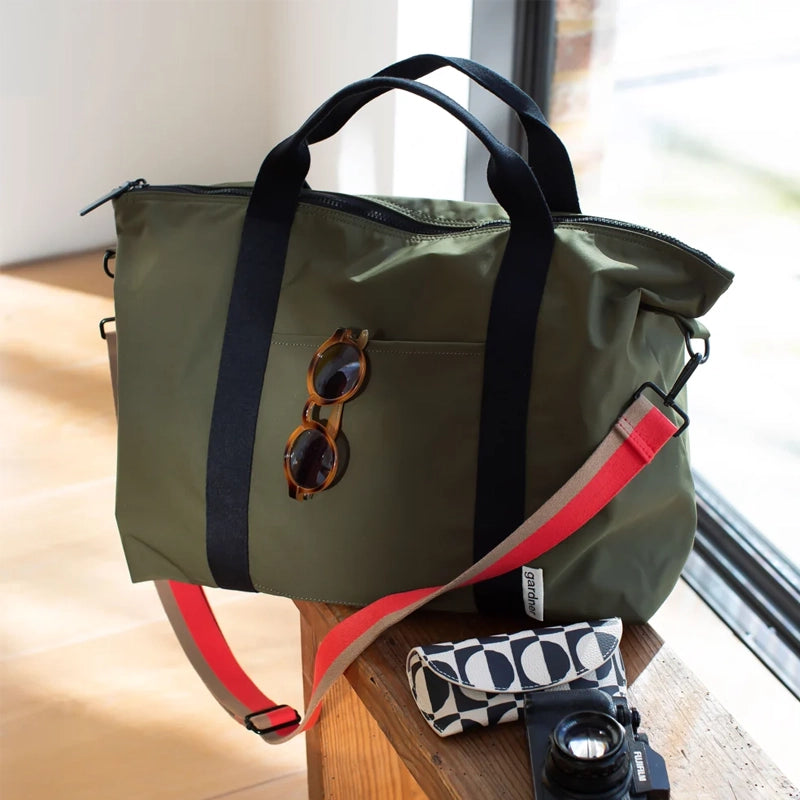 Khaki Nylon Travel Bag with Crossbody Strap &amp; Suitcase Sleeve