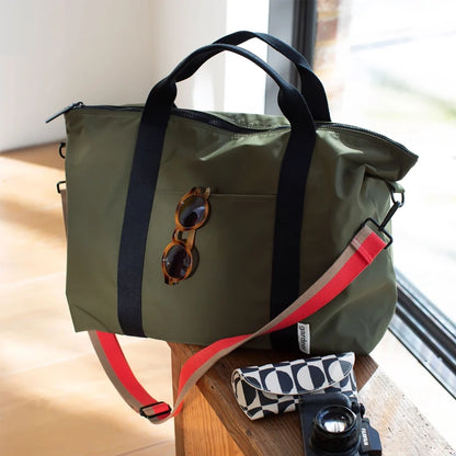 Khaki Nylon Travel Bag with Crossbody Strap &amp; Suitcase Sleeve