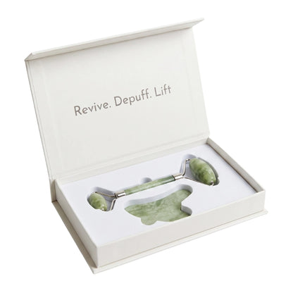 Natural Green Jade Gua Sha &amp; Roller Set for Skin Sculpting