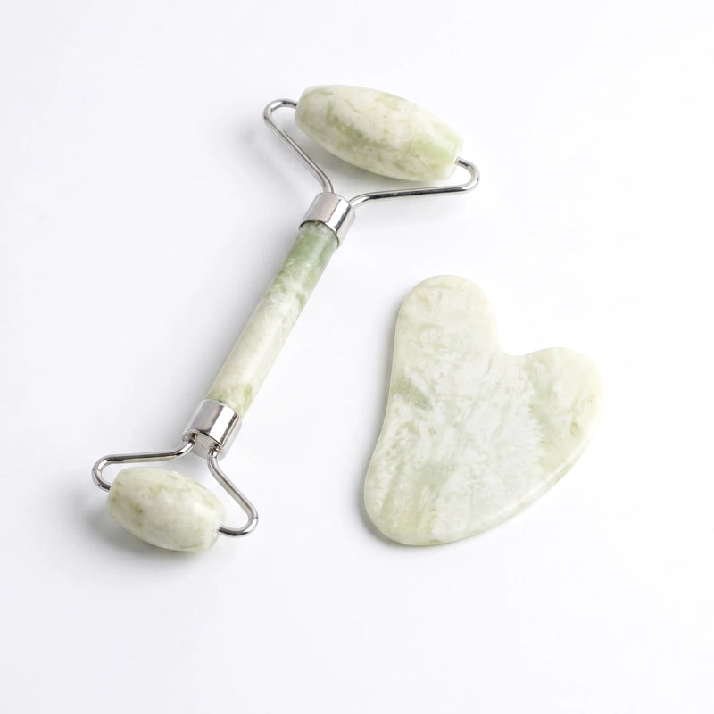 Natural Green Jade Gua Sha &amp; Roller Set for Skin Sculpting