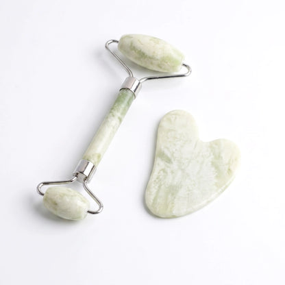 Natural Green Jade Gua Sha &amp; Roller Set for Skin Sculpting