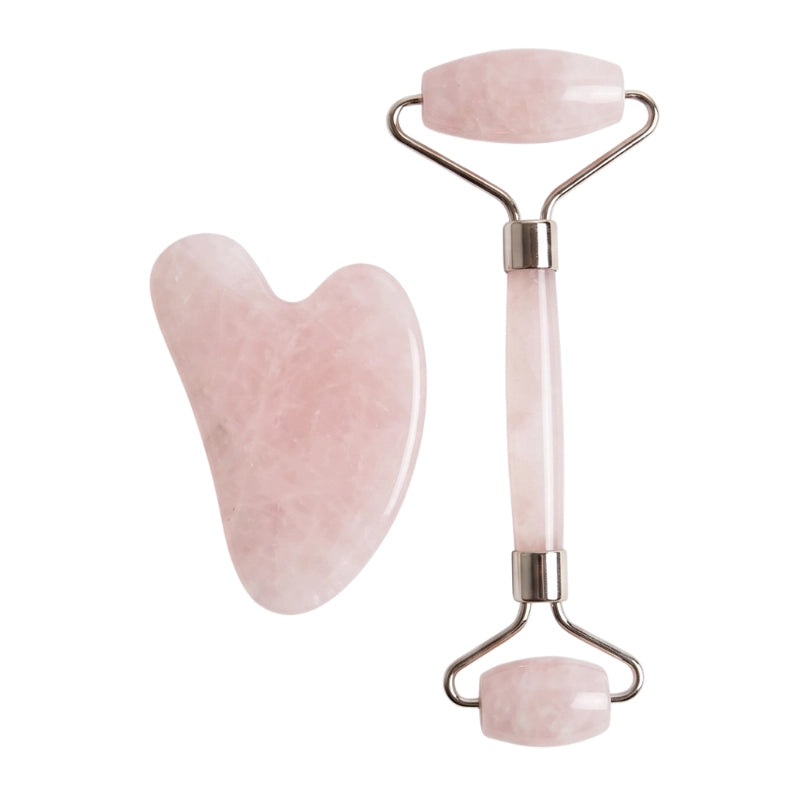 Natural Rose Quartz Gua Sha &amp; Roller Set for Facial Sculpting &amp; Glow