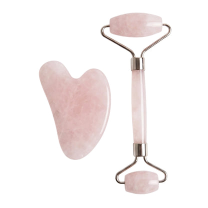 Natural Rose Quartz Gua Sha &amp; Roller Set for Facial Sculpting &amp; Glow