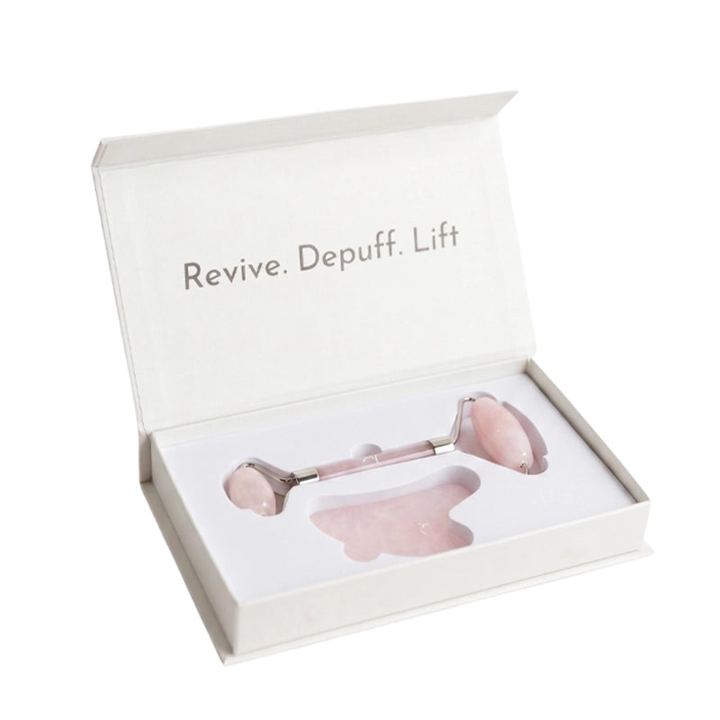 Natural Rose Quartz Gua Sha &amp; Roller Set for Facial Sculpting &amp; Glow