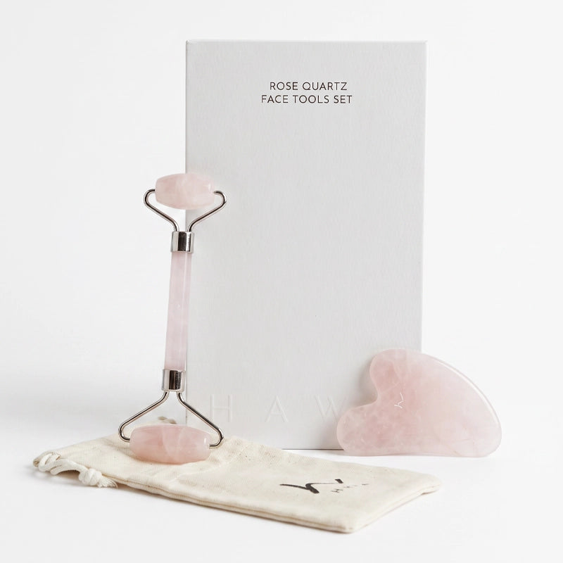 Natural Rose Quartz Gua Sha &amp; Roller Set for Facial Sculpting &amp; Glow